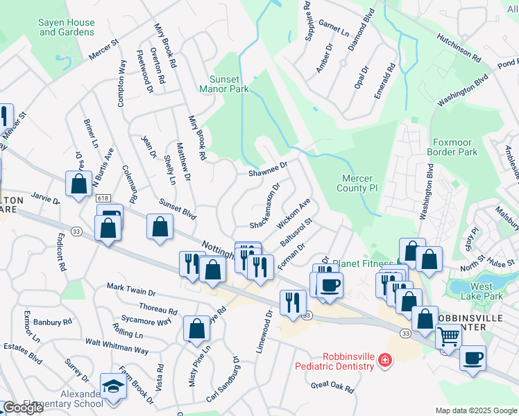 map of restaurants, bars, coffee shops, grocery stores, and more near 3 Village Court in Hamilton Township