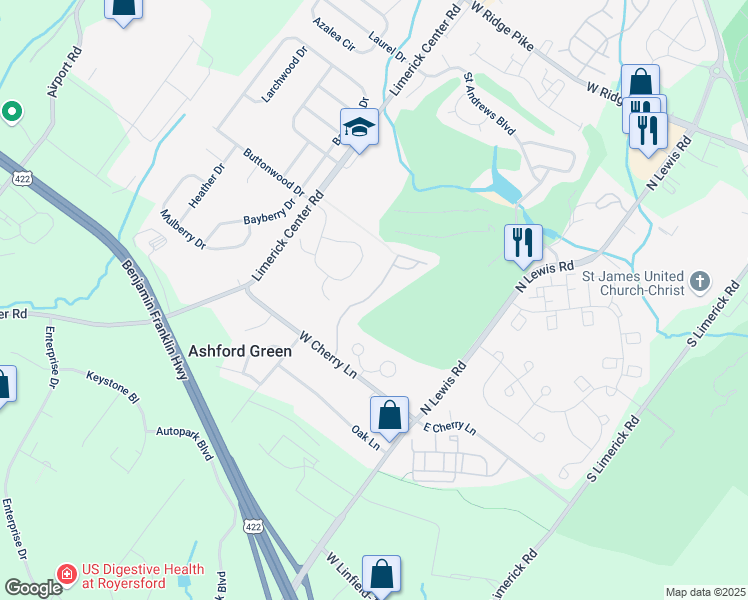 map of restaurants, bars, coffee shops, grocery stores, and more near 77 Walker Road in Royersford