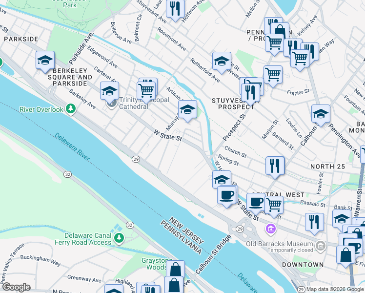 map of restaurants, bars, coffee shops, grocery stores, and more near 501 West State Street in Trenton