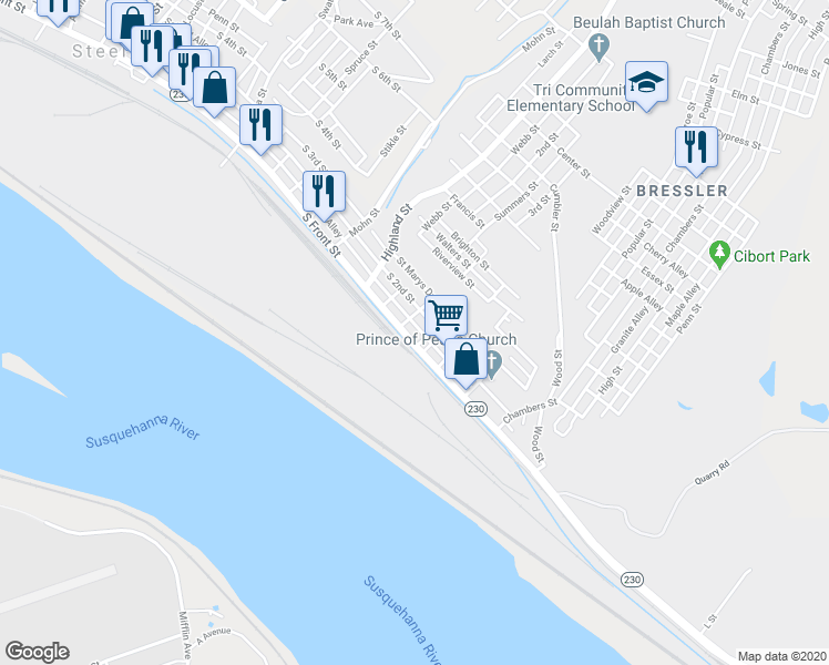 map of restaurants, bars, coffee shops, grocery stores, and more near 615 South Front Street in Harrisburg