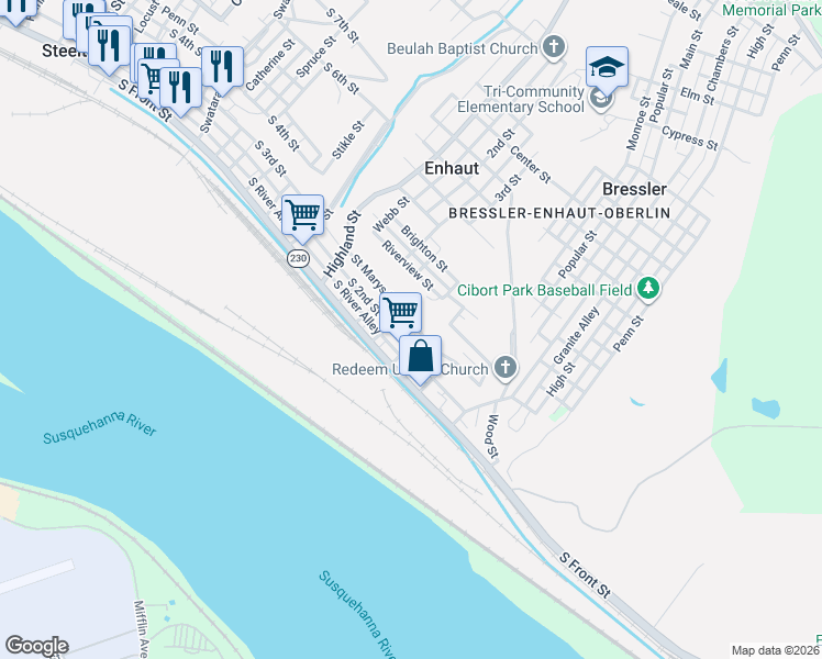 map of restaurants, bars, coffee shops, grocery stores, and more near 609 South 2nd Street in Steelton
