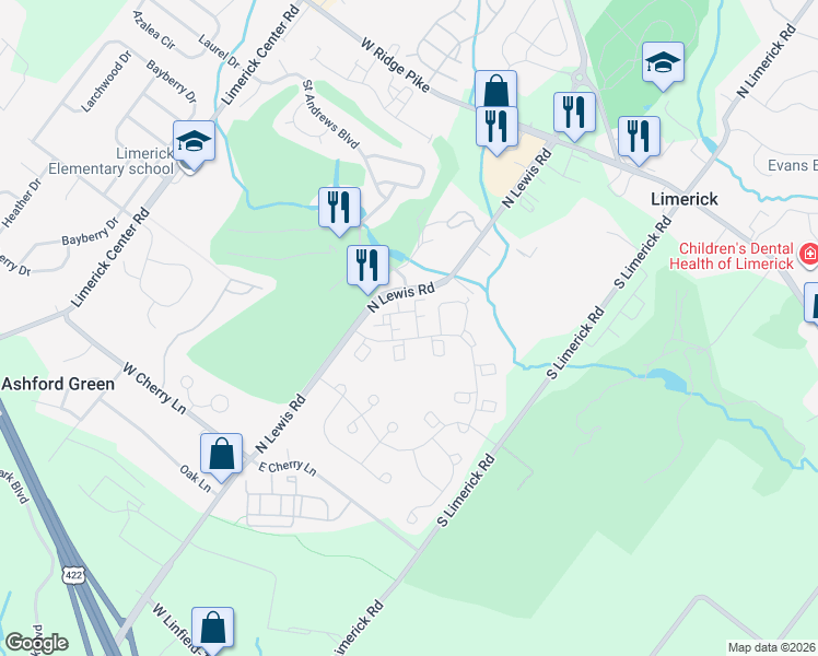 map of restaurants, bars, coffee shops, grocery stores, and more near 5107 Drawbridge Court in Royersford