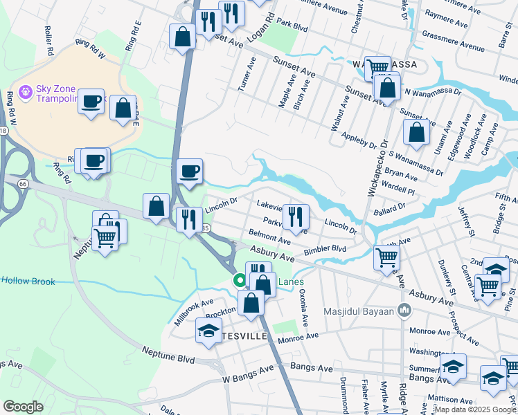map of restaurants, bars, coffee shops, grocery stores, and more near 315 Lakeview Avenue in Monmouth County