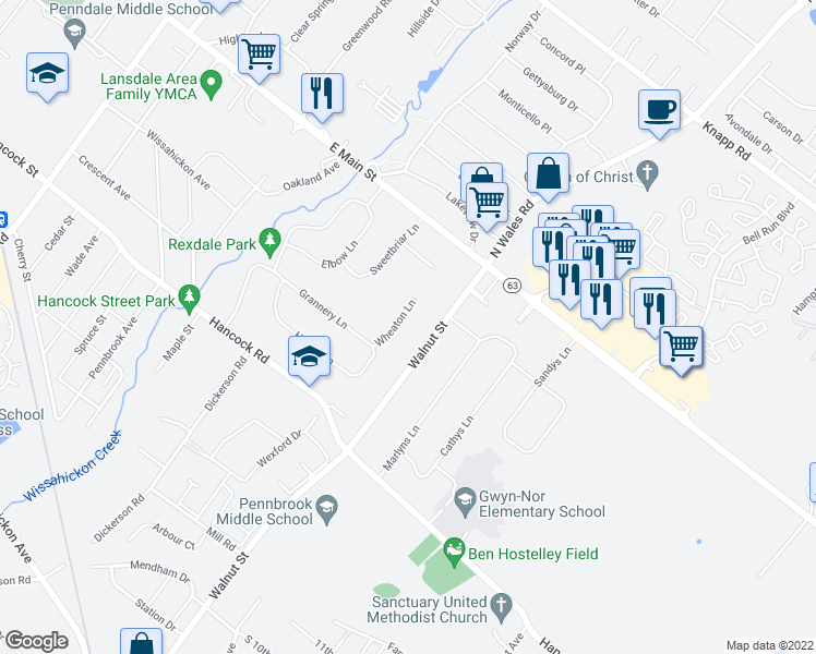 map of restaurants, bars, coffee shops, grocery stores, and more near 1458 Wheaten Lane in North Wales