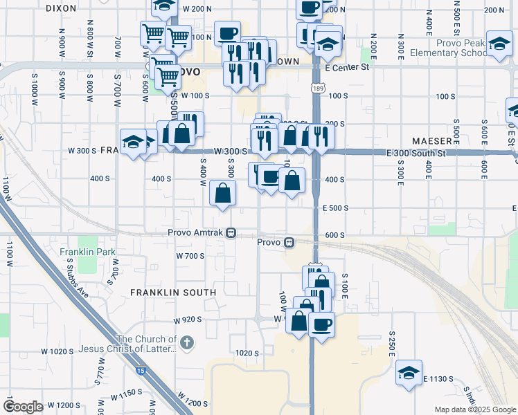 map of restaurants, bars, coffee shops, grocery stores, and more near 199 West 500 South Street in Provo