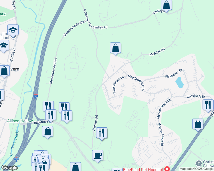 map of restaurants, bars, coffee shops, grocery stores, and more near 505 Bluegrass Drive in Canonsburg
