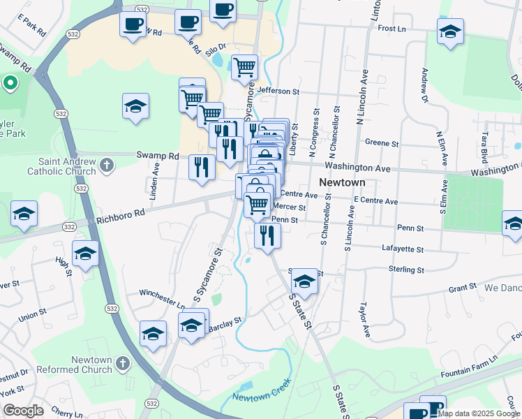 map of restaurants, bars, coffee shops, grocery stores, and more near 120 South State Street in Newtown