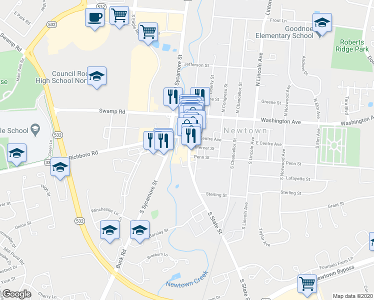 map of restaurants, bars, coffee shops, grocery stores, and more near 120 South State Street in Newtown