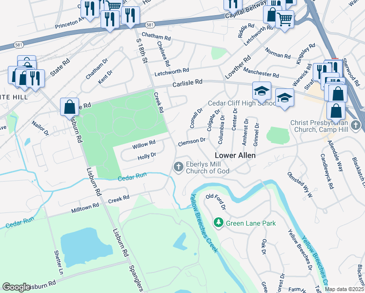 map of restaurants, bars, coffee shops, grocery stores, and more near 3 Clemson Dr in Camp Hill