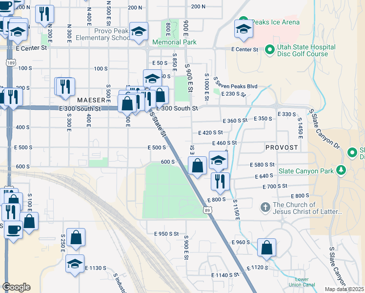 map of restaurants, bars, coffee shops, grocery stores, and more near 484 South 900 East Street in Provo
