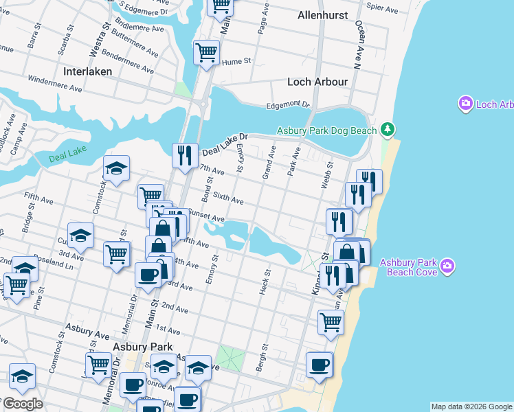 map of restaurants, bars, coffee shops, grocery stores, and more near Grand Avenue & 6th Avenue in Asbury Park