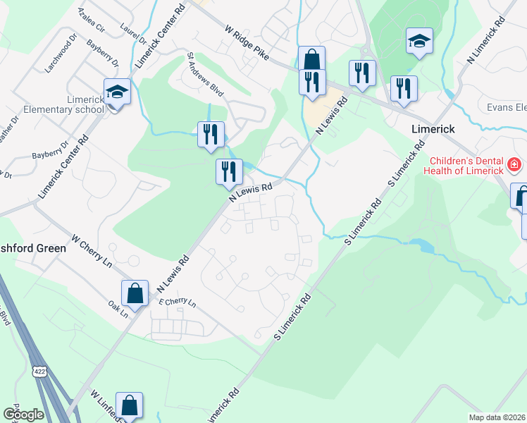 map of restaurants, bars, coffee shops, grocery stores, and more near 5107 Drawbridge Court in Royersford