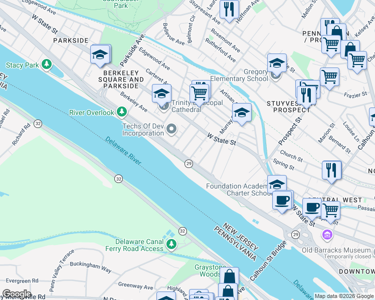 map of restaurants, bars, coffee shops, grocery stores, and more near 602 Riverside Avenue in Trenton