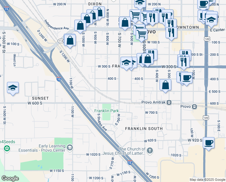 map of restaurants, bars, coffee shops, grocery stores, and more near 763 West 500 South in Provo