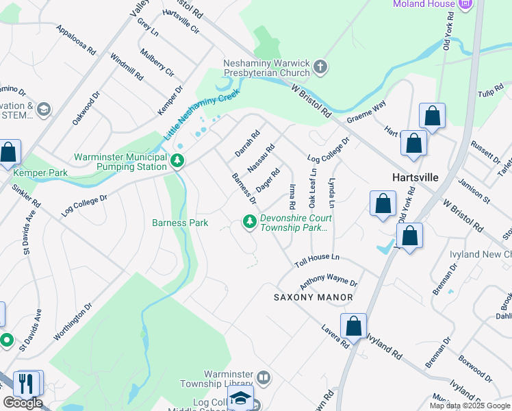 map of restaurants, bars, coffee shops, grocery stores, and more near 1222 Barness Drive in Warminster