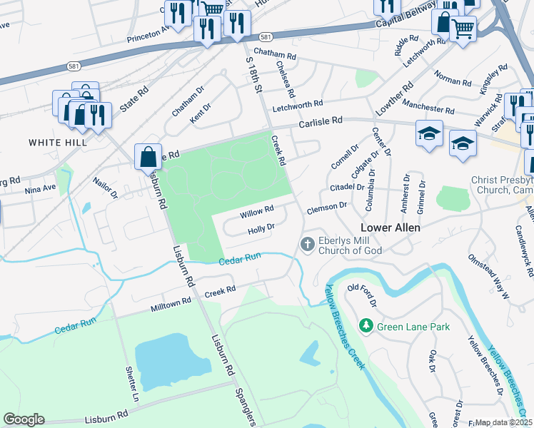 map of restaurants, bars, coffee shops, grocery stores, and more near 1813 Willow Rd in Camp Hill