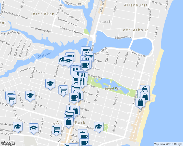 map of restaurants, bars, coffee shops, grocery stores, and more near 703 Sunset Avenue in Asbury Park