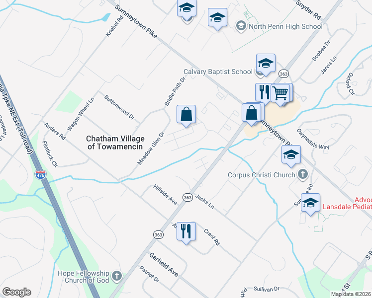 map of restaurants, bars, coffee shops, grocery stores, and more near 136 Ardwick Terrace in Lansdale