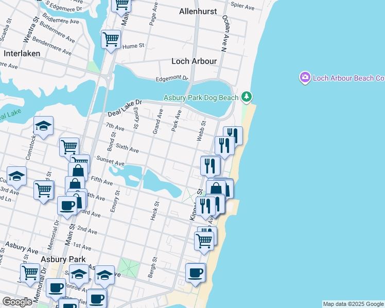 map of restaurants, bars, coffee shops, grocery stores, and more near 300 7th Avenue in Asbury Park