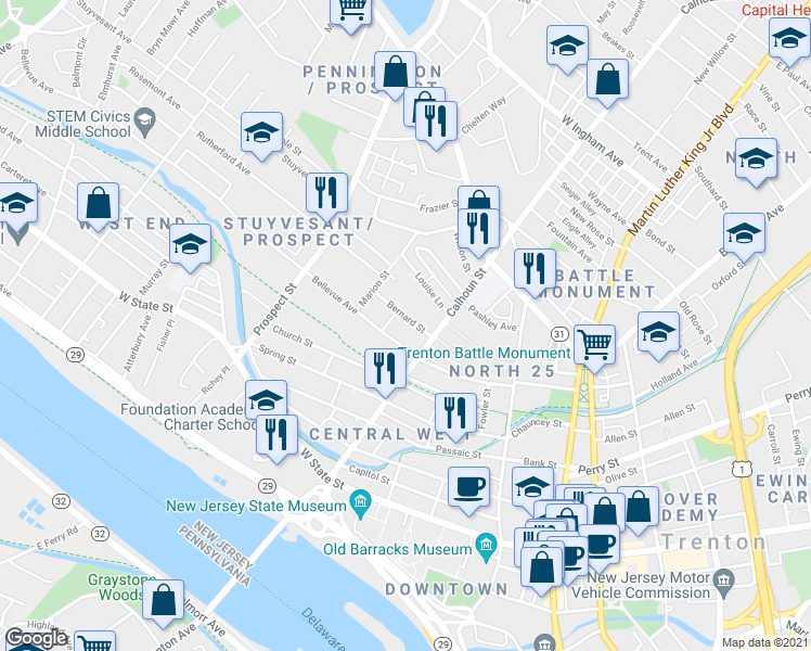 map of restaurants, bars, coffee shops, grocery stores, and more near 243 Bernard St in Trenton