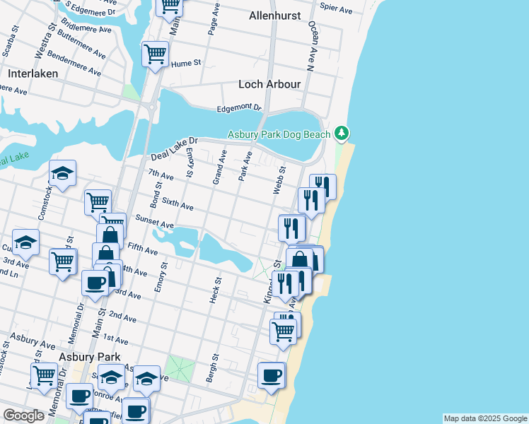 map of restaurants, bars, coffee shops, grocery stores, and more near 300 7th Avenue in Asbury Park