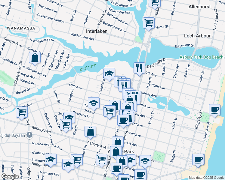 map of restaurants, bars, coffee shops, grocery stores, and more near 1304 Langford Street in Asbury Park