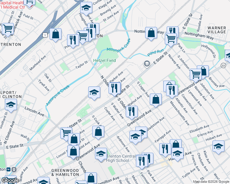 map of restaurants, bars, coffee shops, grocery stores, and more near 19 North Olden Avenue in Trenton