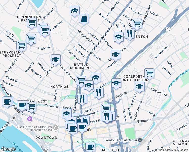 map of restaurants, bars, coffee shops, grocery stores, and more near 151 Meyer Street in Trenton
