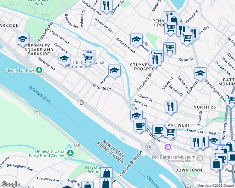 map of restaurants, bars, coffee shops, grocery stores, and more near 474-476 West State Street in Trenton