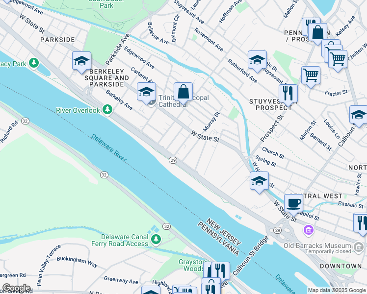 map of restaurants, bars, coffee shops, grocery stores, and more near 46 Colonial Avenue in Trenton