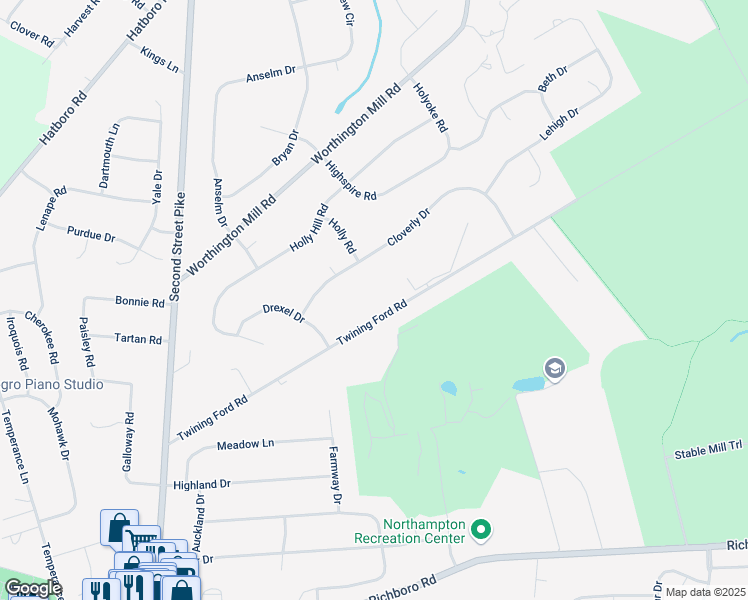 map of restaurants, bars, coffee shops, grocery stores, and more near 253 Twining Ford Road in Richboro