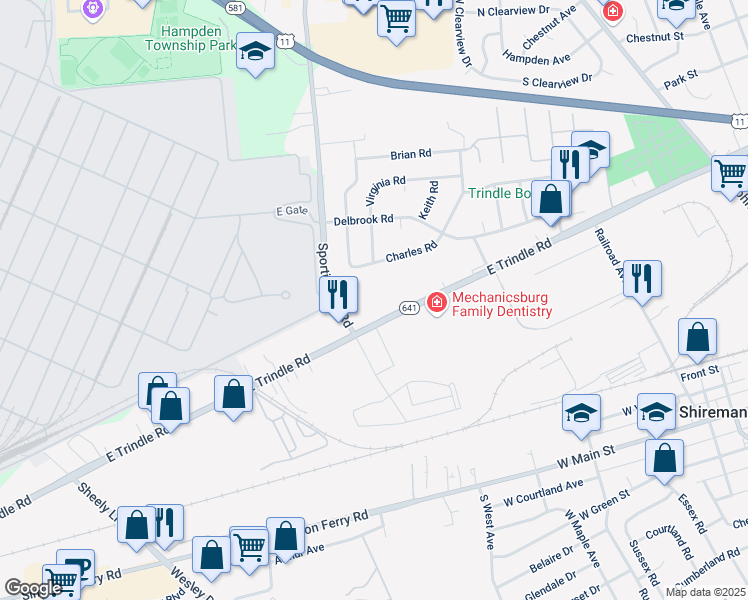 map of restaurants, bars, coffee shops, grocery stores, and more near 4905 East Trindle Road in Mechanicsburg