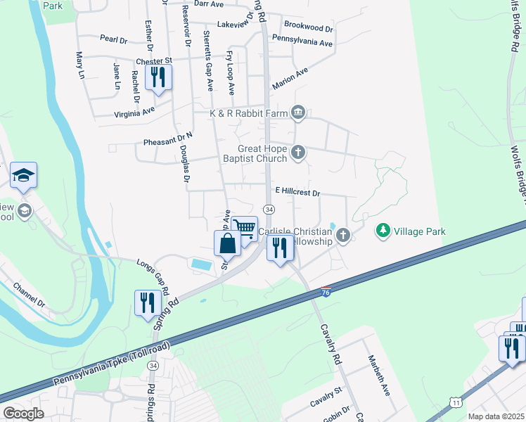 map of restaurants, bars, coffee shops, grocery stores, and more near 1822 Heishman Gardens in Carlisle