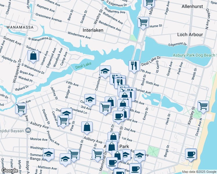 map of restaurants, bars, coffee shops, grocery stores, and more near 1304 Langford Street in Asbury Park