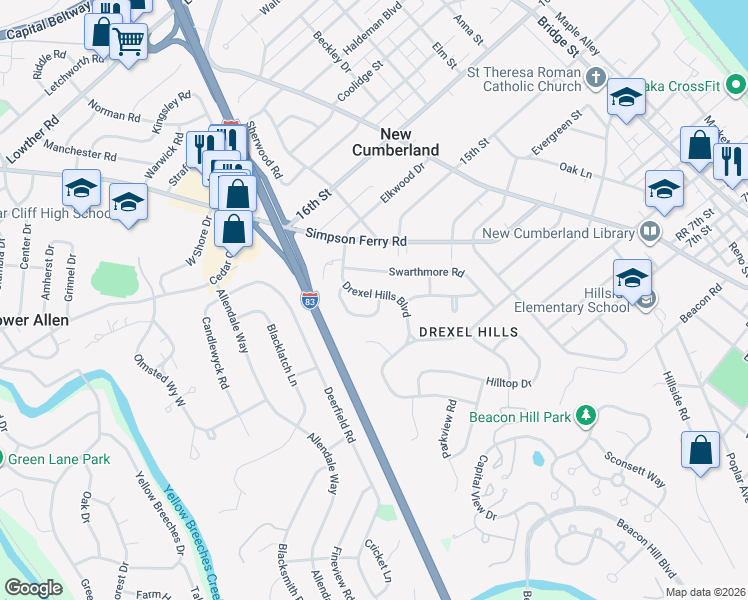 map of restaurants, bars, coffee shops, grocery stores, and more near 1 Ardmore Cir in New Cumberland