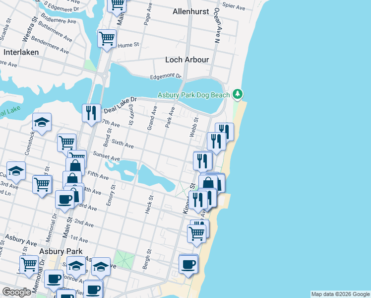 map of restaurants, bars, coffee shops, grocery stores, and more near 300 7th Avenue in Asbury Park