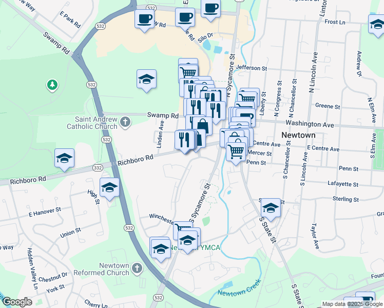 map of restaurants, bars, coffee shops, grocery stores, and more near 31 Cambridge Lane in Newtown