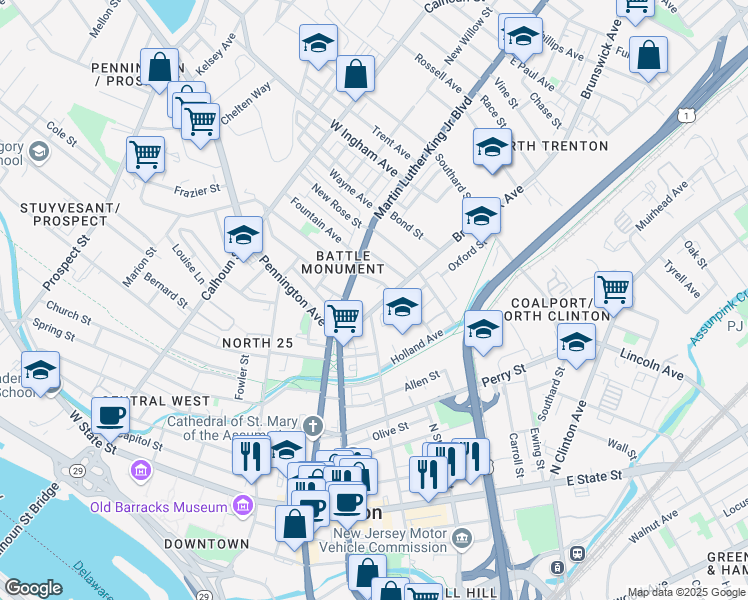 map of restaurants, bars, coffee shops, grocery stores, and more near 165 Brunswick Avenue in Trenton