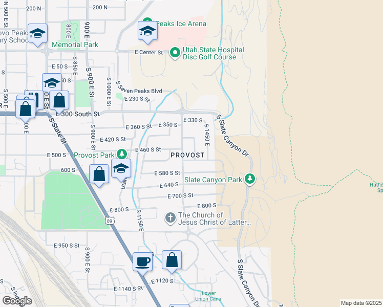 map of restaurants, bars, coffee shops, grocery stores, and more near 484 South 1400 East Street in Provo