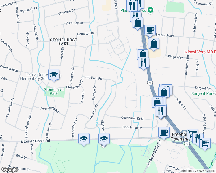 map of restaurants, bars, coffee shops, grocery stores, and more near 130 Heritage Drive in Freehold