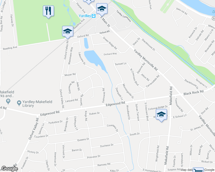 map of restaurants, bars, coffee shops, grocery stores, and more near 862 Gainsway Road in Yardley