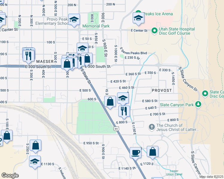 map of restaurants, bars, coffee shops, grocery stores, and more near 944 East 460 South Street in Provo