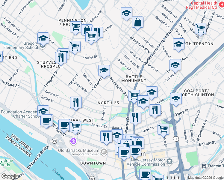 map of restaurants, bars, coffee shops, grocery stores, and more near 315 North Willow Street in Trenton