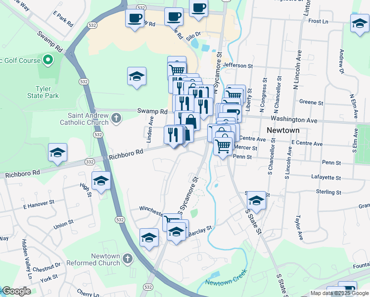 map of restaurants, bars, coffee shops, grocery stores, and more near 31 Cambridge Lane in Newtown