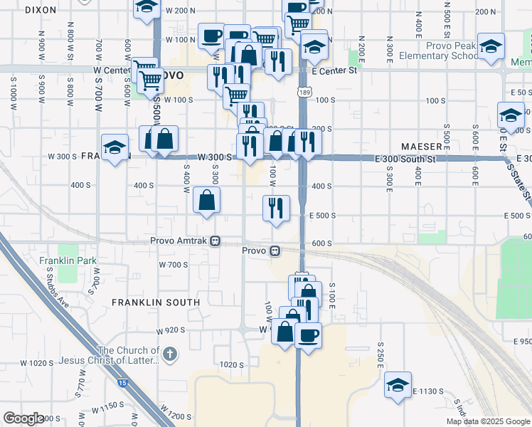 map of restaurants, bars, coffee shops, grocery stores, and more near 500 South 100 West Street in Provo