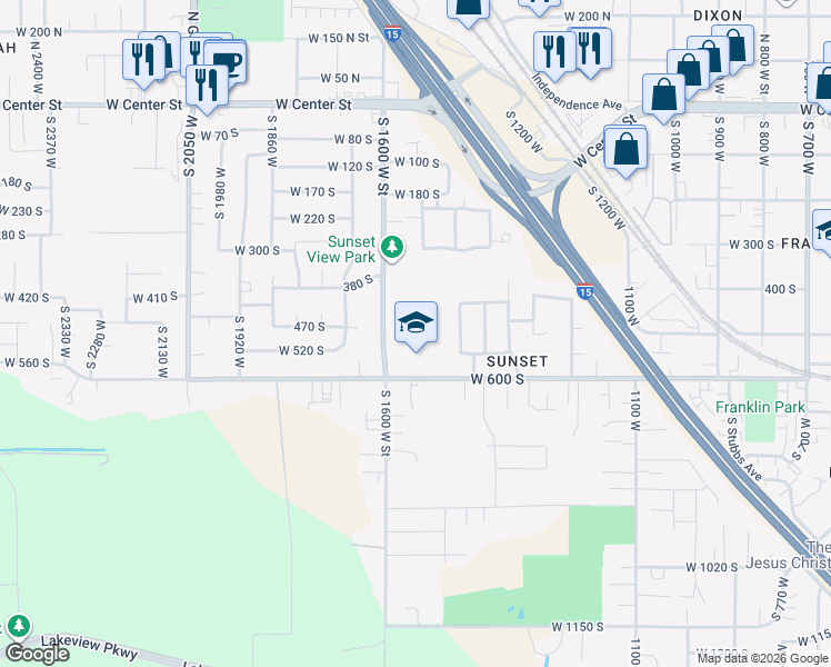 map of restaurants, bars, coffee shops, grocery stores, and more near 525 South 1600 West Street in Provo