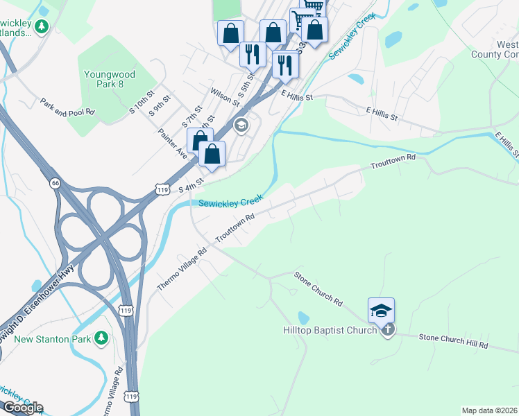 map of restaurants, bars, coffee shops, grocery stores, and more near 139 Trouttown Rd in Hunker