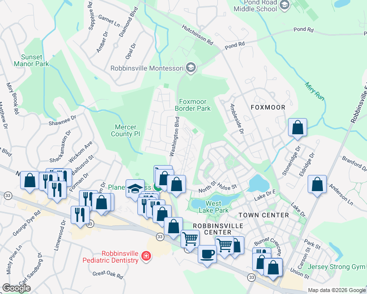 map of restaurants, bars, coffee shops, grocery stores, and more near 239 Wyndham Place in Robbinsville Township