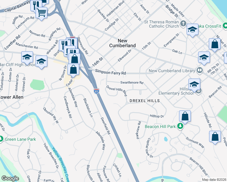 map of restaurants, bars, coffee shops, grocery stores, and more near 1 Ardmore Circle in New Cumberland