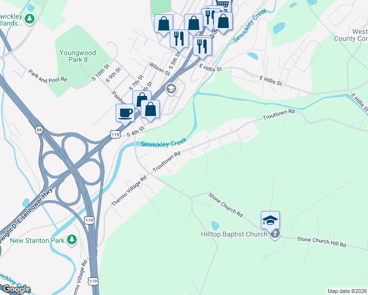 map of restaurants, bars, coffee shops, grocery stores, and more near 139 Trouttown Road in Hunker